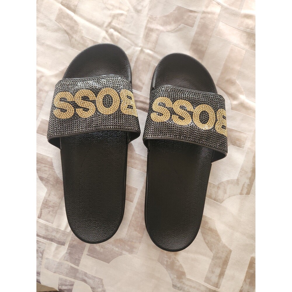 Boss Rhinestone Black Slides Women's